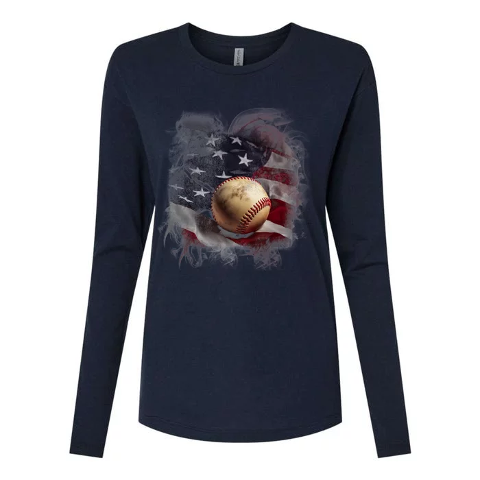 Baseball Usa Flag Womens Cotton Relaxed Long Sleeve T-Shirt