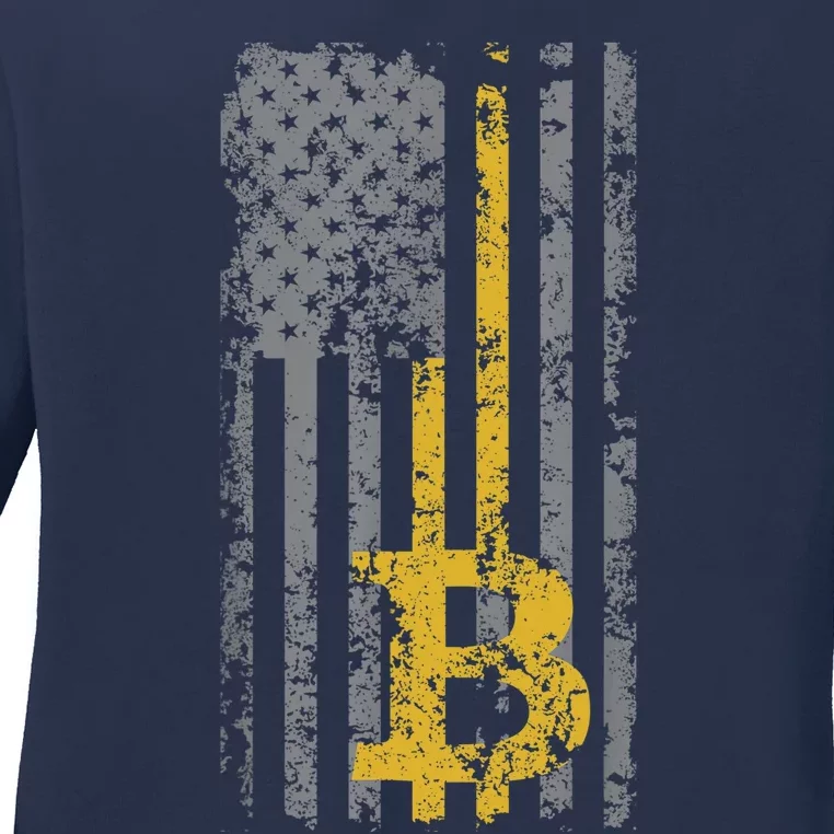 Bitcoin USA Flag Distressed Digital Currency Lover Ladies Long Sleeve Shirt