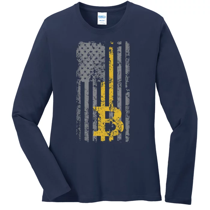 Bitcoin USA Flag Distressed Digital Currency Lover Ladies Long Sleeve Shirt