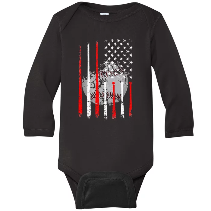 Baseball Usa Flag American Flag Vintage Baby Long Sleeve Bodysuit