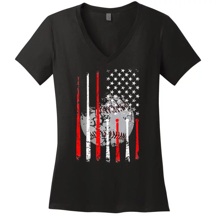 Baseball Usa Flag American Flag Vintage Women's V-Neck T-Shirt