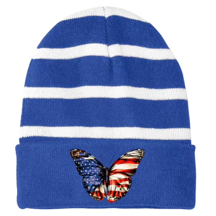 Butterfly Usa Flag 4th Of July Funny American Gift Striped Beanie with Solid Band