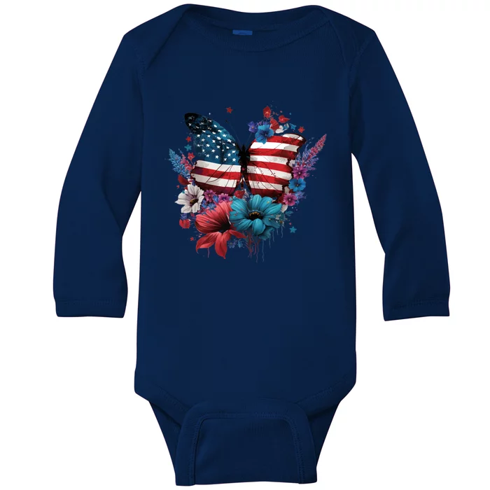 Butterfly Usa Flag Cute 4th July Butterfly Tee American Flag Cute Gift Baby Long Sleeve Bodysuit