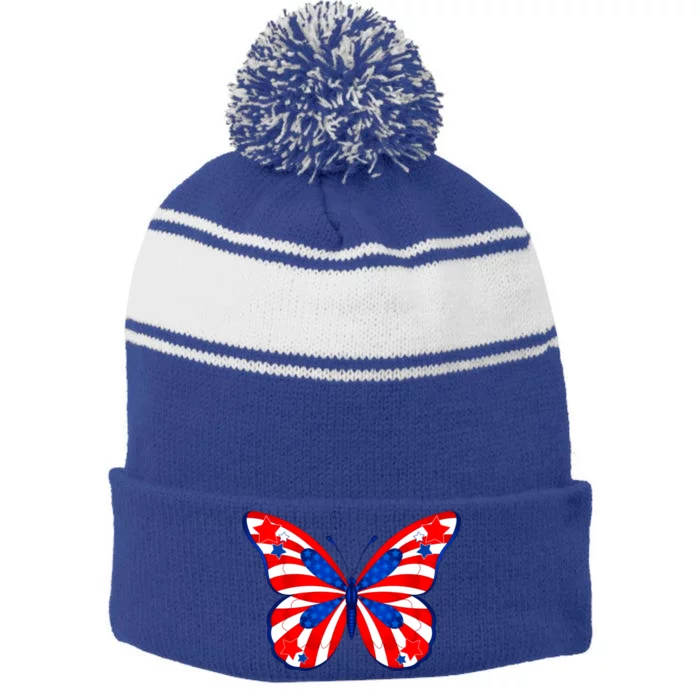 Butterfly Usa Flag Cute 4th Of July Funny American Gift Stripe Pom Pom Beanie