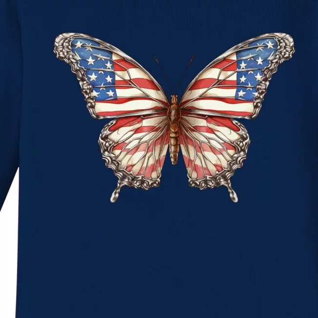 Butterfly Usa Flag Cute 4th Of July Funny American Gift Baby Long Sleeve Bodysuit