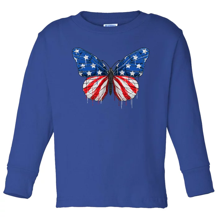 Butterfly Usa Flag Happy 4th Of July Independence Day Gift Toddler Long Sleeve Shirt