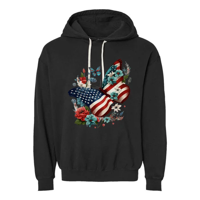 Butterfly Usa Flag Vintage Floral 4th Of July Patriotic Gift Garment-Dyed Fleece Hoodie