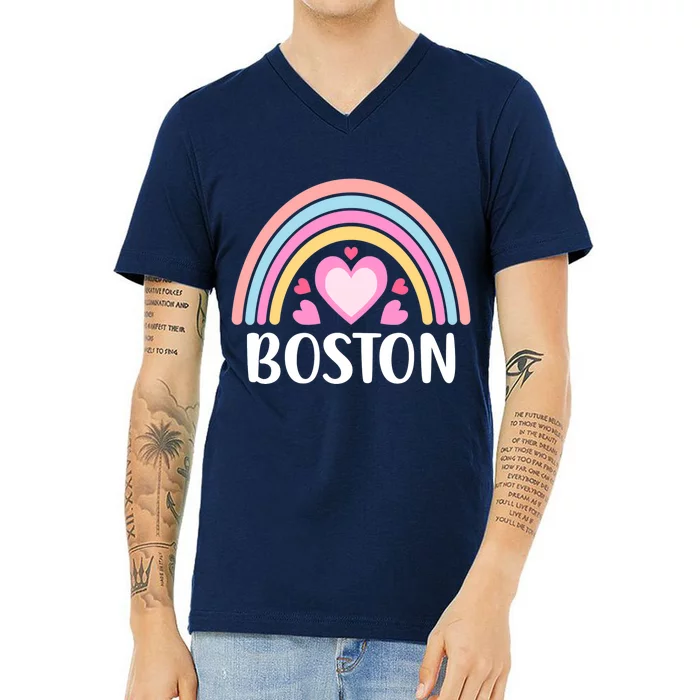 Boston USA for Wo Rainbow Hearts V-Neck T-Shirt