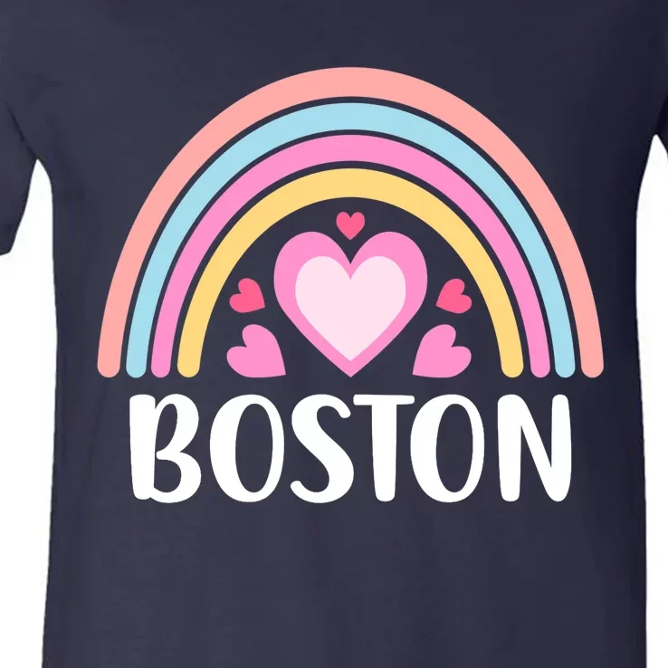 Boston USA for Wo Rainbow Hearts V-Neck T-Shirt