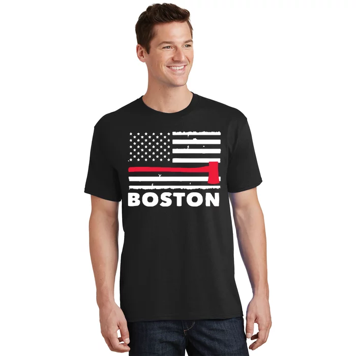 Boston US Flag Pocket Firefighter Thin Red Line Fireman Gift T-Shirt