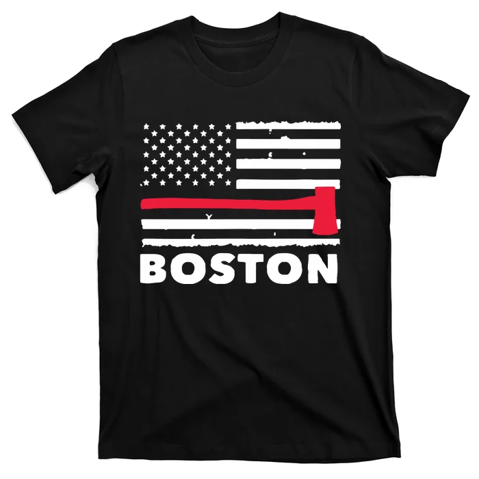 Boston US Flag Pocket Firefighter Thin Red Line Fireman Gift T-Shirt