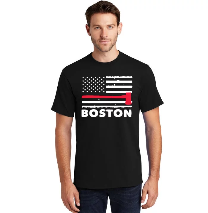 Boston US Flag Pocket Firefighter Thin Red Line Fireman Gift Tall T-Shirt