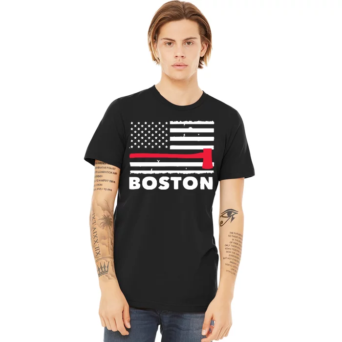 Boston US Flag Pocket Firefighter Thin Red Line Fireman Gift Premium T-Shirt