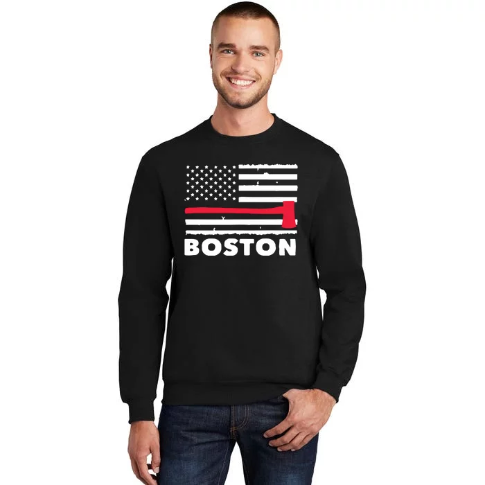 Boston US Flag Pocket Firefighter Thin Red Line Fireman Gift Tall Sweatshirt