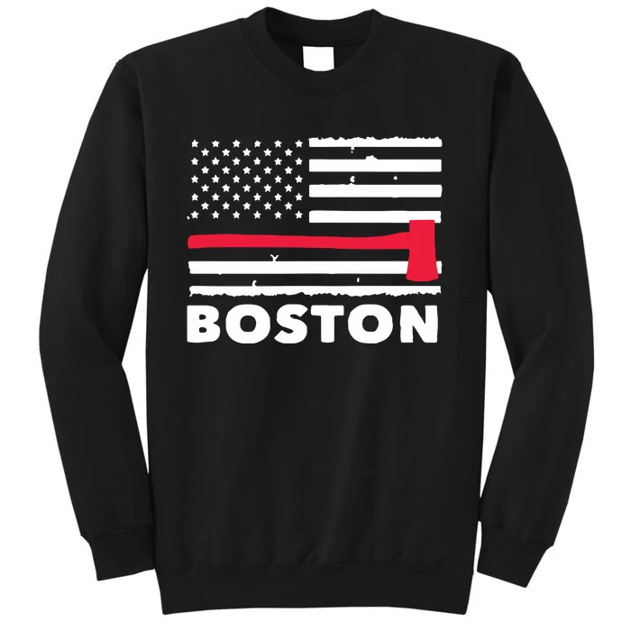 Boston US Flag Pocket Firefighter Thin Red Line Fireman Gift Tall Sweatshirt