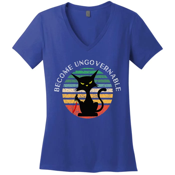 Become Ungovernable Funny Anarchy Cat Vintage Sunset Women's V-Neck T-Shirt