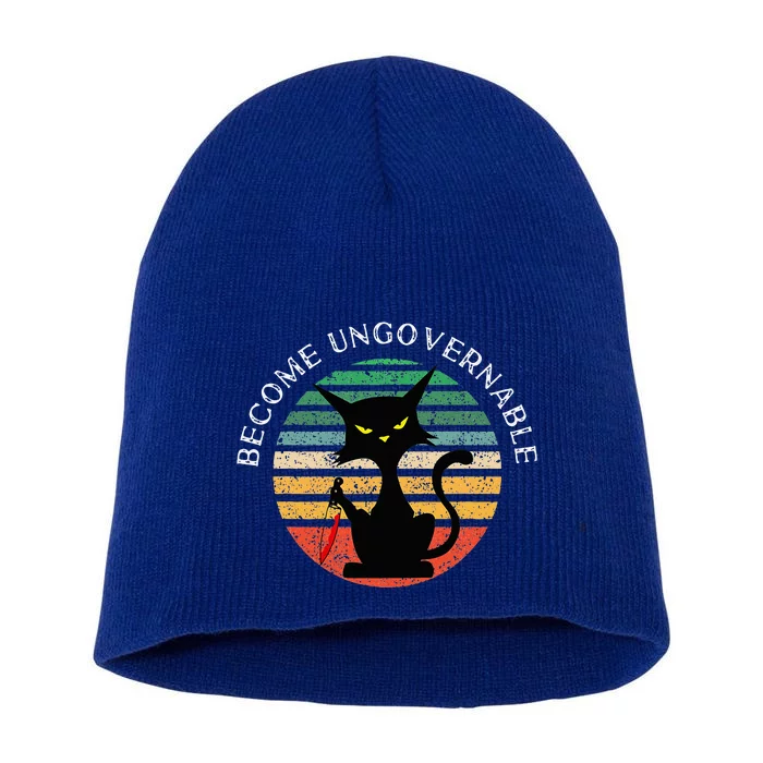 Become Ungovernable Funny Anarchy Cat Vintage Sunset Short Acrylic Beanie