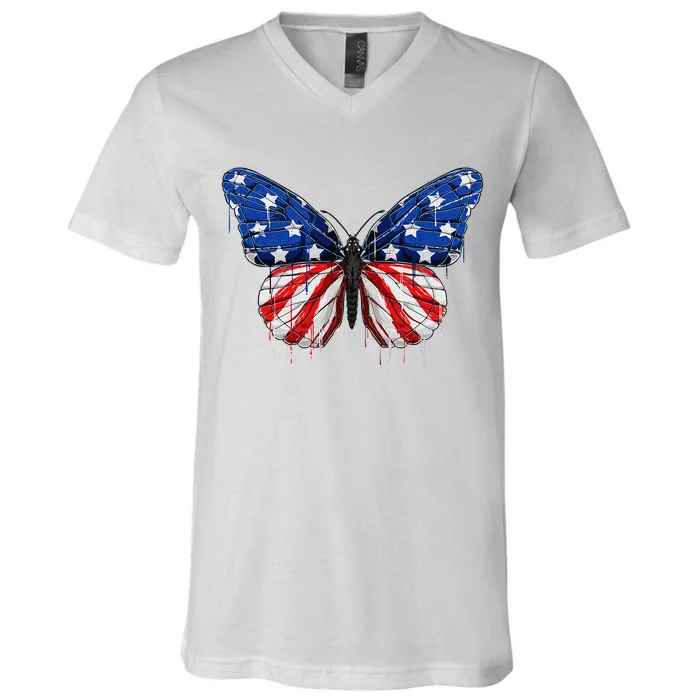 Butterfly USA Flag 4th of July For  US V-Neck T-Shirt