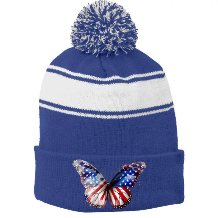 Butterfly Usa Flag 4th Of July Gift Stripe Pom Pom Beanie