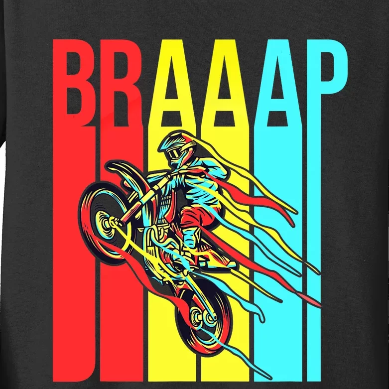 Braaap USA Flag Moto Motorcycle Dirt Bike Racing Rider Retro Kids Long Sleeve Shirt