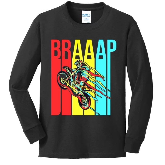 Braaap USA Flag Moto Motorcycle Dirt Bike Racing Rider Retro Kids Long Sleeve Shirt