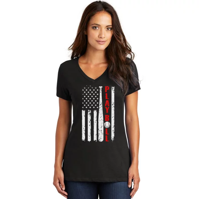 Baseball USA Flag Ball and Bat PLAY BALL Softball Baseball Women's V-Neck T-Shirt