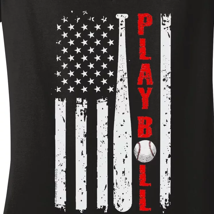 Baseball USA Flag Ball and Bat PLAY BALL Softball Baseball Women's V-Neck T-Shirt