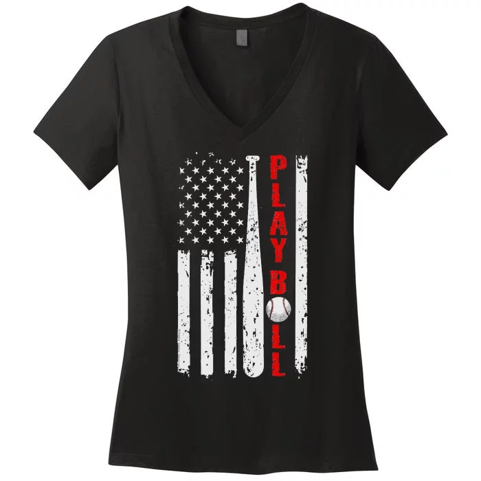 Baseball USA Flag Ball and Bat PLAY BALL Softball Baseball Women's V-Neck T-Shirt