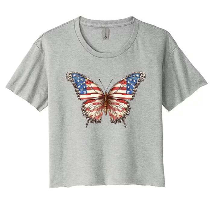 Butterfly Usa Flag Cute 4th Of July Funny American Gift Women's Crop Top Tee