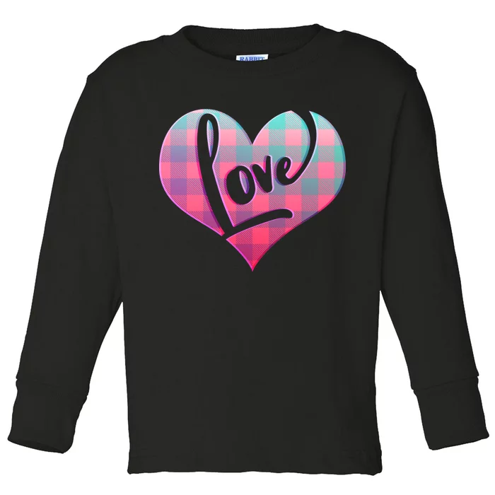 Buffalo Plaid Love Heart Valentines Day Toddler Long Sleeve Shirt