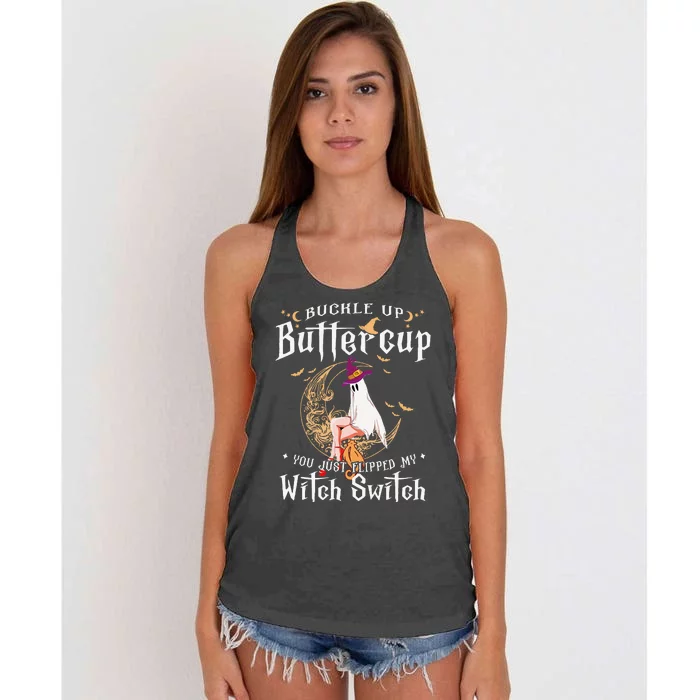 Buckle Up Halloween Buttercup You Just Flipped Witch Switch Women's Knotted Racerback Tank