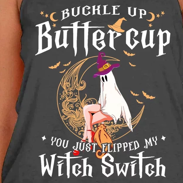 Buckle Up Halloween Buttercup You Just Flipped Witch Switch Women's Knotted Racerback Tank