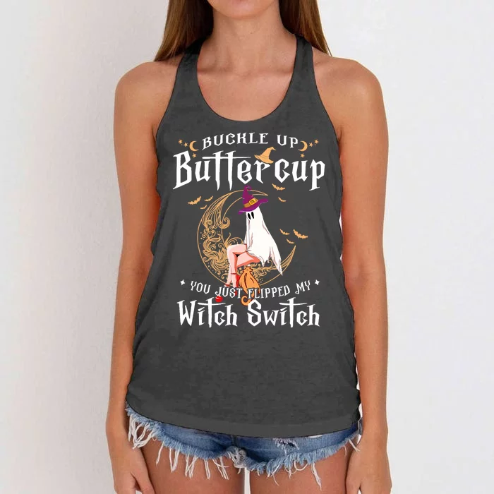 Buckle Up Halloween Buttercup You Just Flipped Witch Switch Women's Knotted Racerback Tank