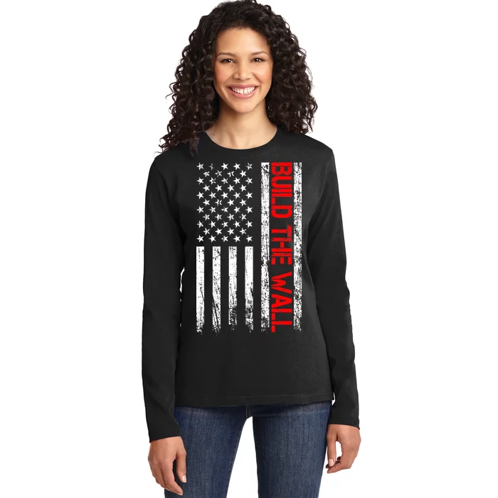 Build The Wall Distressed Flag Ladies Long Sleeve Shirt