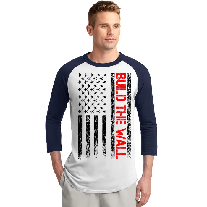 Build The Wall Distressed Flag Baseball Sleeve Shirt