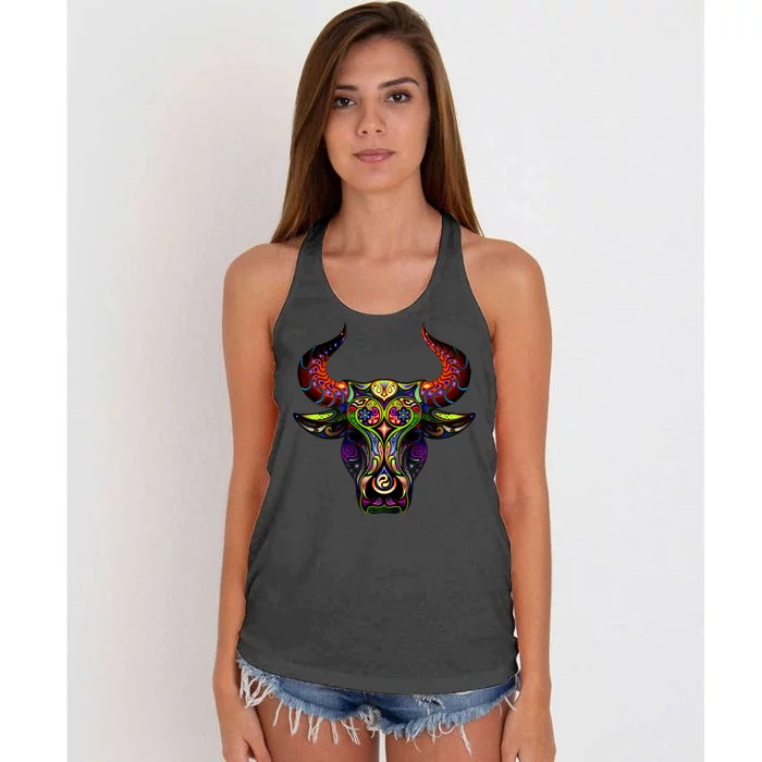 Bull Silhouette Head and Horns Women's Knotted Racerback Tank