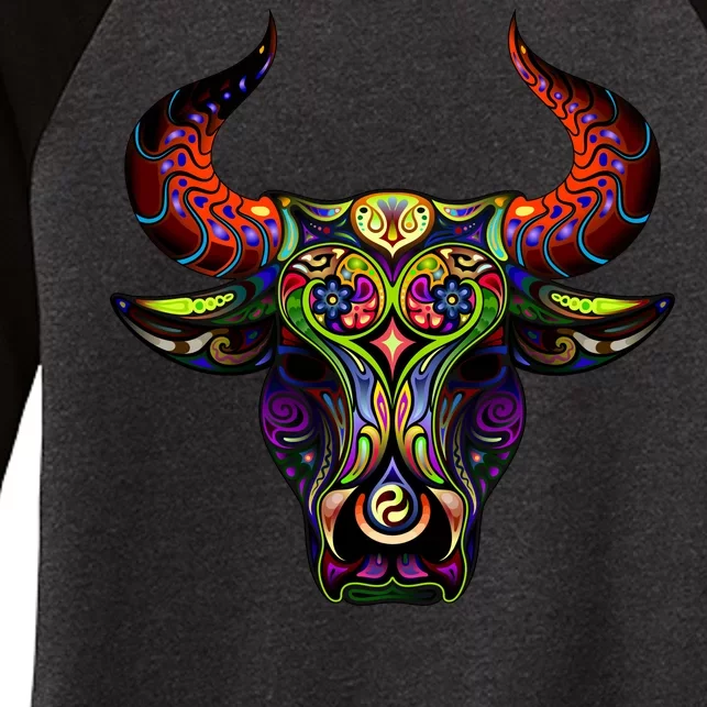 Bull Silhouette Head and Horns Women's Tri-Blend 3/4-Sleeve Raglan Shirt