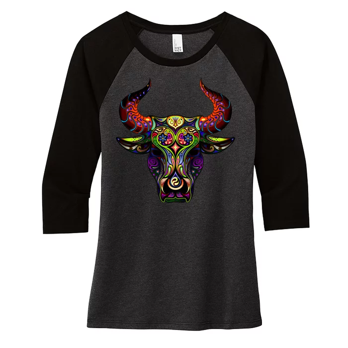 Bull Silhouette Head and Horns Women's Tri-Blend 3/4-Sleeve Raglan Shirt