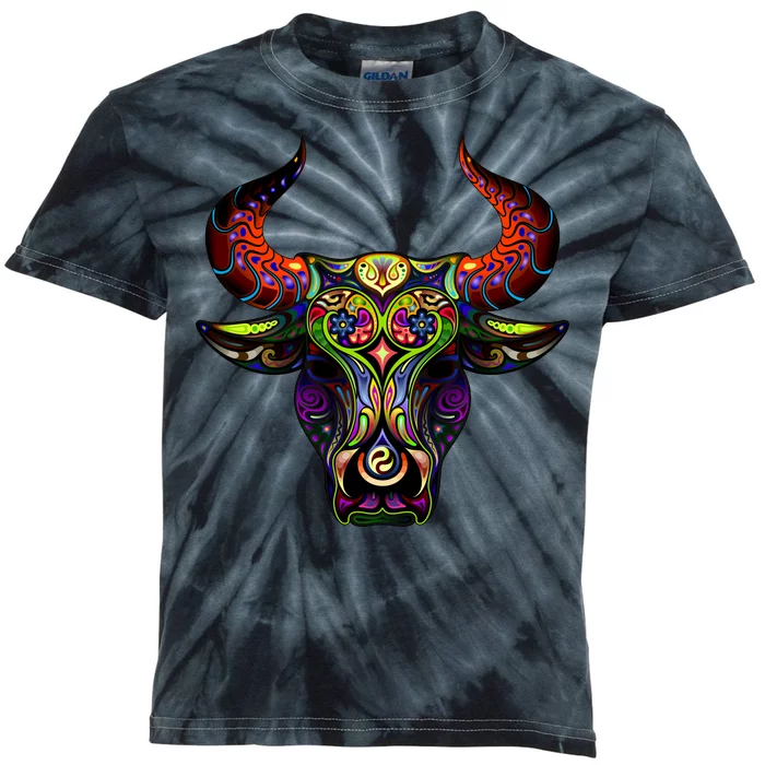 Bull Silhouette Head and Horns Kids Tie-Dye T-Shirt