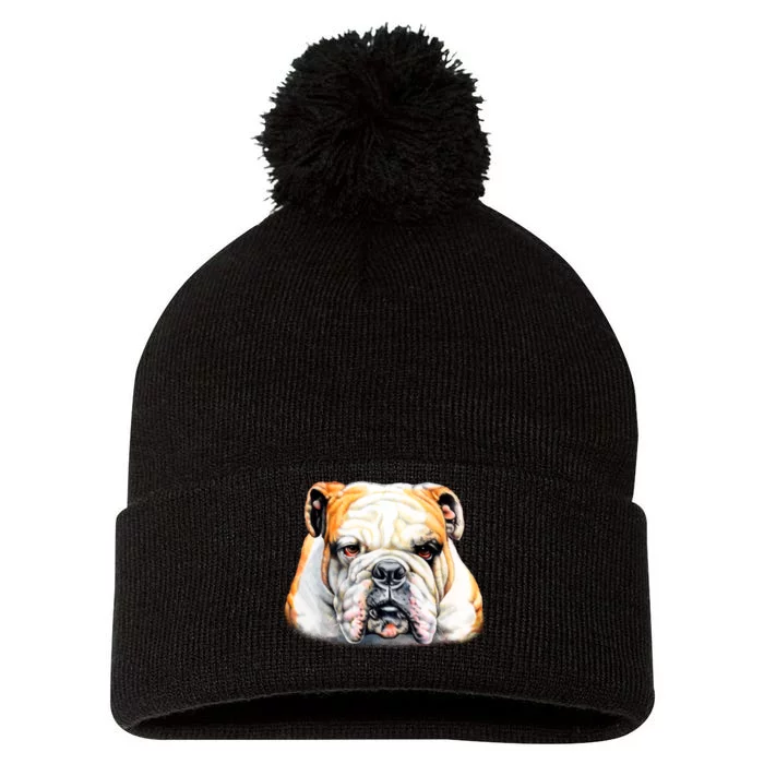 Bulldog Face Front Pom Pom 12in Knit Beanie