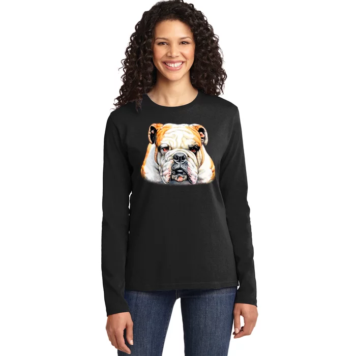 Bulldog Face Front Ladies Long Sleeve Shirt