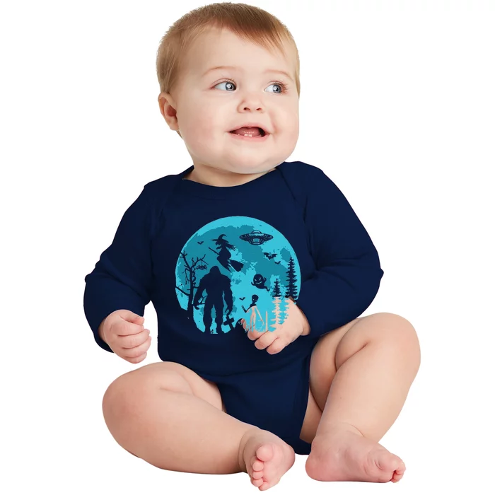 Bigfoot UFO Moon Alien Extra Terrestrial Halloween Baby Long Sleeve Bodysuit