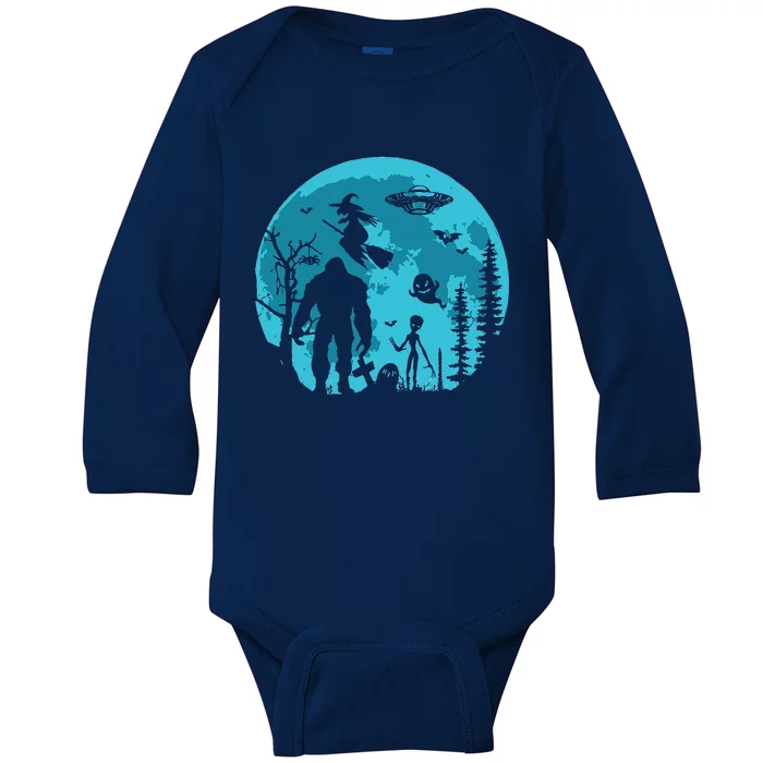 Bigfoot UFO Moon Alien Extra Terrestrial Halloween Baby Long Sleeve Bodysuit