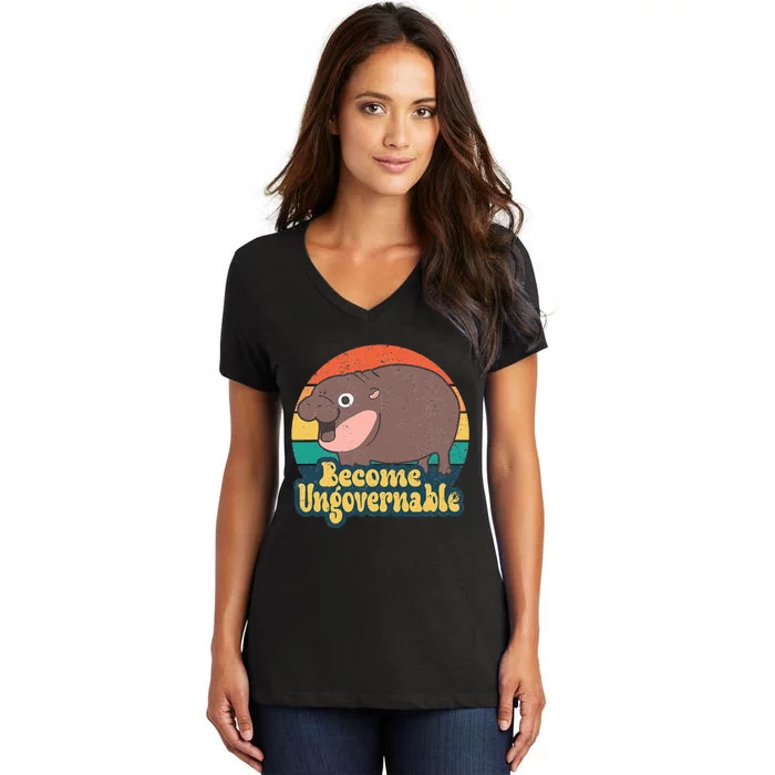 Become Ungovernable Moo Deng Humor Women's V-Neck T-Shirt