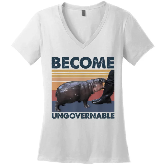 Become Ungovernable Moo Deng Cute Baby Hippo Funny Hippo Women's V-Neck T-Shirt