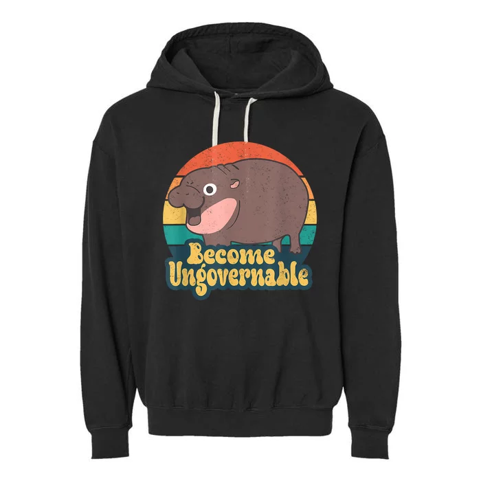 Become Ungovernable Moo Deng Humor Cute Baby Hippo Joke Garment-Dyed Fleece Hoodie