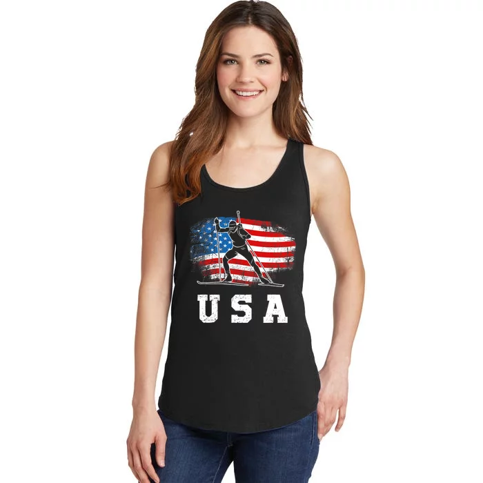 Biathlon USA! Patriotic Skiing And Rifle Shooting Ladies Essential Tank