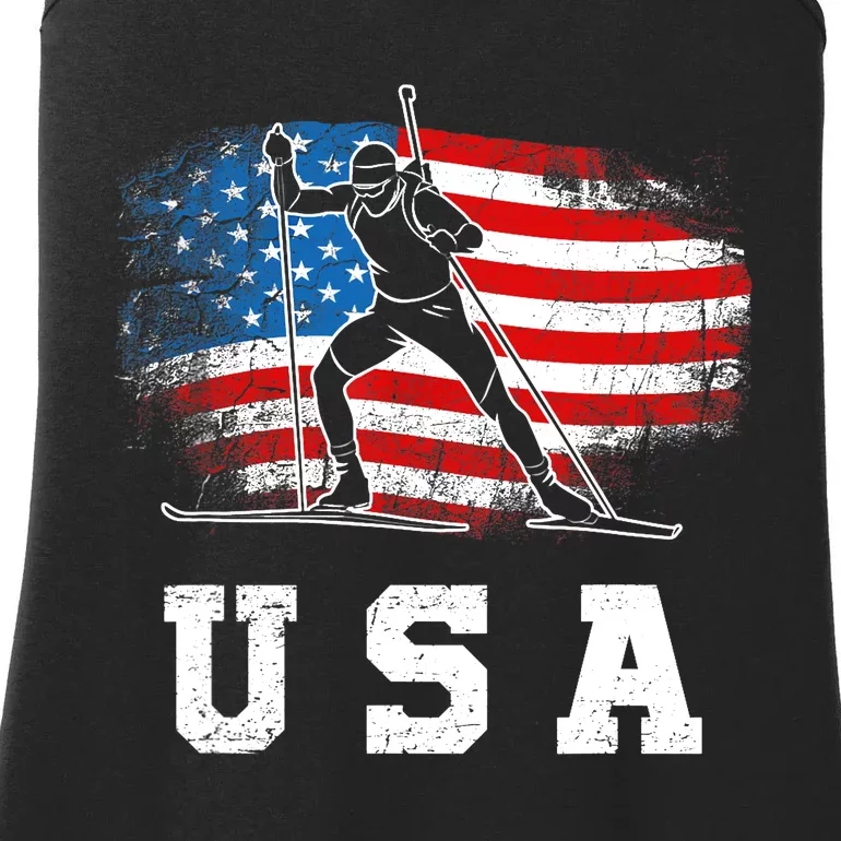 Biathlon USA! Patriotic Skiing And Rifle Shooting Ladies Essential Tank