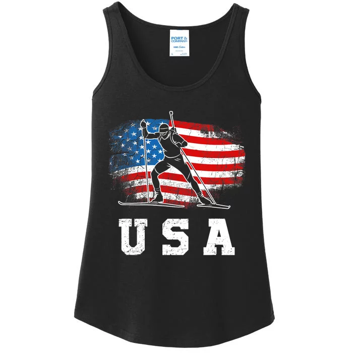 Biathlon USA! Patriotic Skiing And Rifle Shooting Ladies Essential Tank