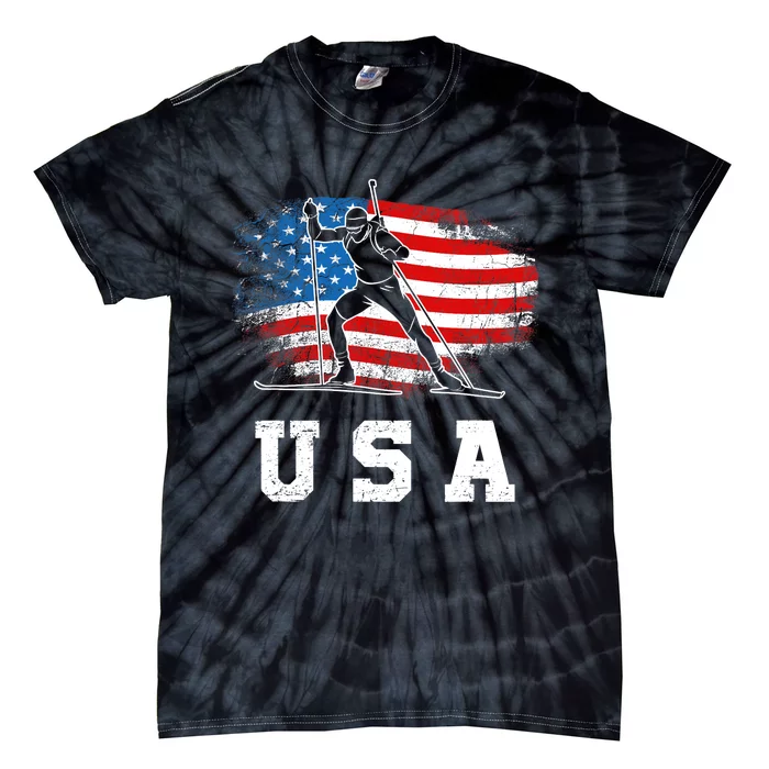 Biathlon USA! Patriotic Skiing And Rifle Shooting Tie-Dye T-Shirt